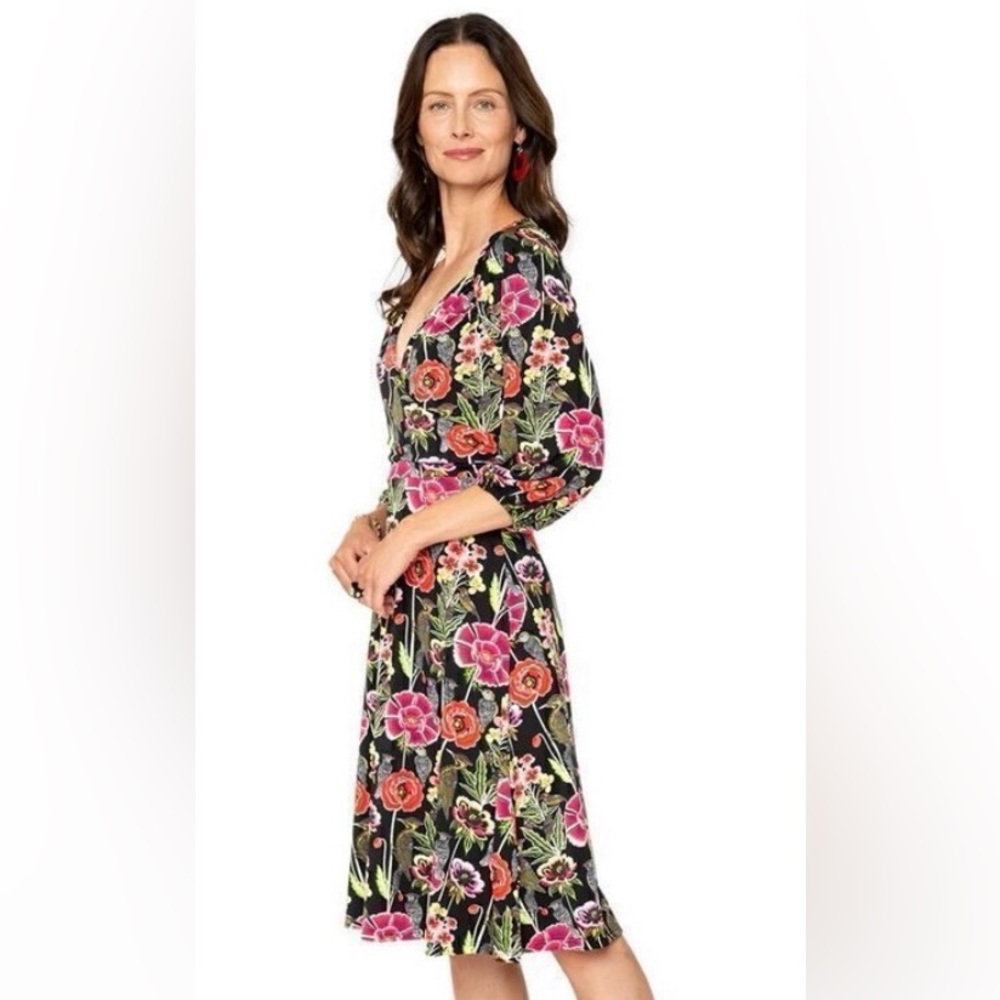 Leota Sweetheart Becca Bold Floral Mom Core Faux Wrap 3/4 Sleeve Dress S New